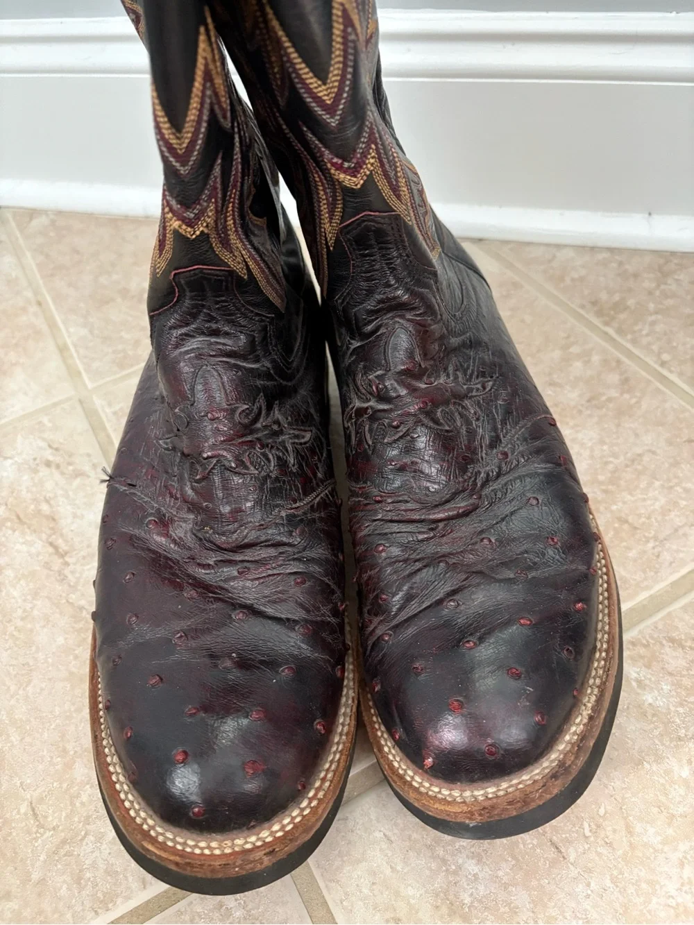 Lucchese 2000 Black Cherry Ostrich Leather Cowboy Boots Men's 10 EE Vintage